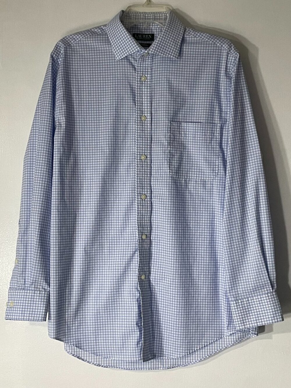 Lauren Ralph Lauren Men’s Blue White Check Dress Shirt L 16 32/33 Stretch Cotton